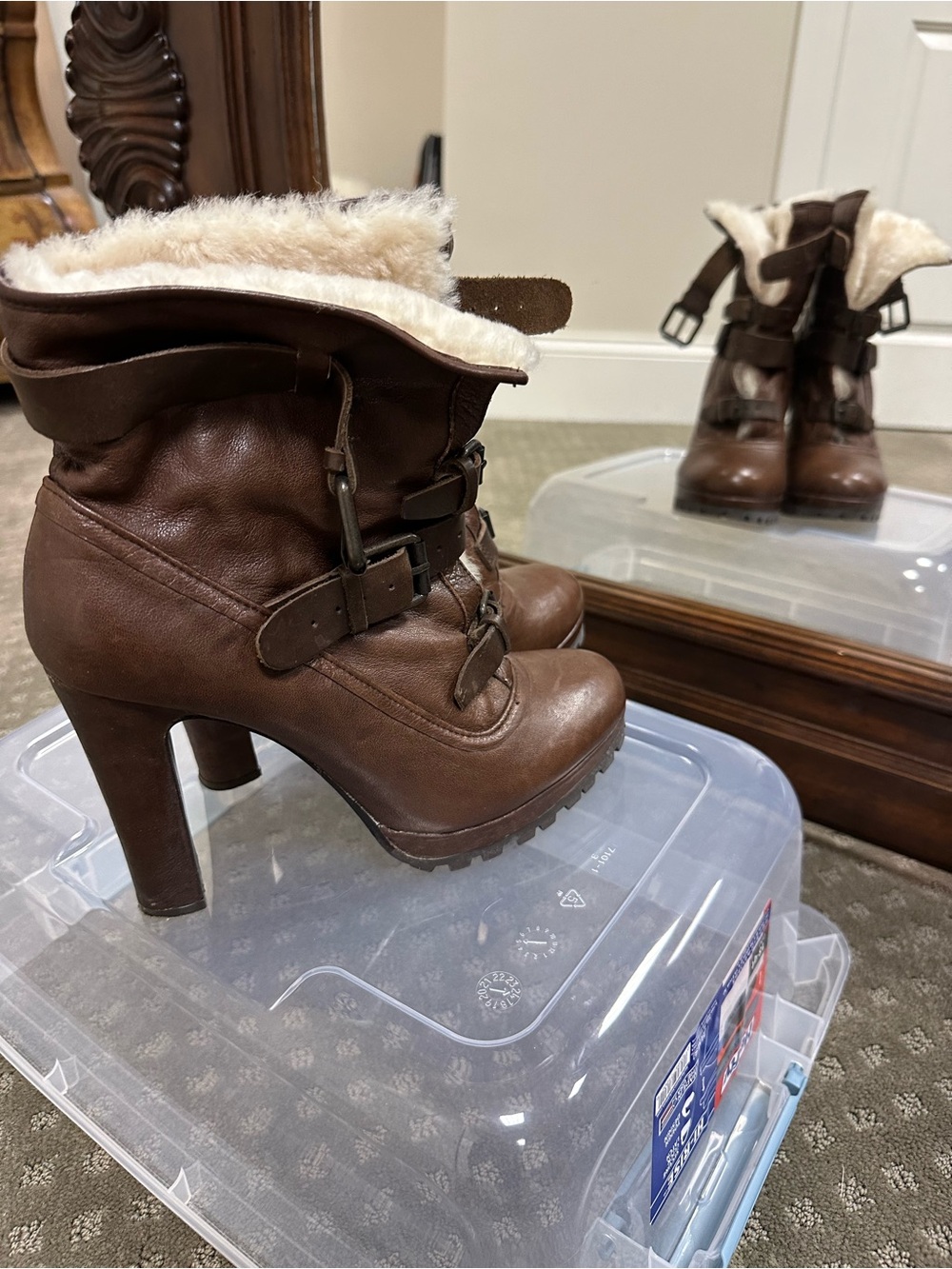 Dolce Vita Brown Faux-Shearling Buckle High-Heel Ankle Boots